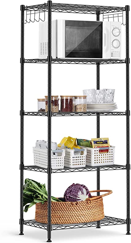 Photo 1 of ALVOROG 5-Shelf Shelving Storage Unit Heavy Duty Metal Organizer Wire Rack with Leveling Feet and Hooks Adjustable Shelves for Bathroom Kitchen Garage (23.2Lx13.4Wx59.1H)
