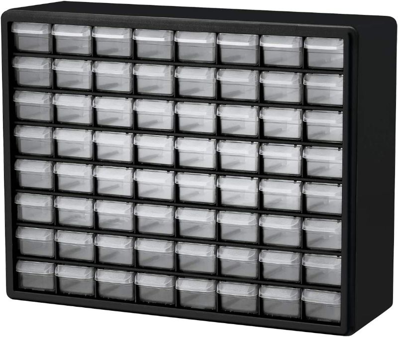 Photo 1 of Akro-Mils 10164, 64 Drawer Plastic Parts Storage Hardware and Craft Cabinet, 20-Inch W x 6-Inch D x 16-Inch H, Black
