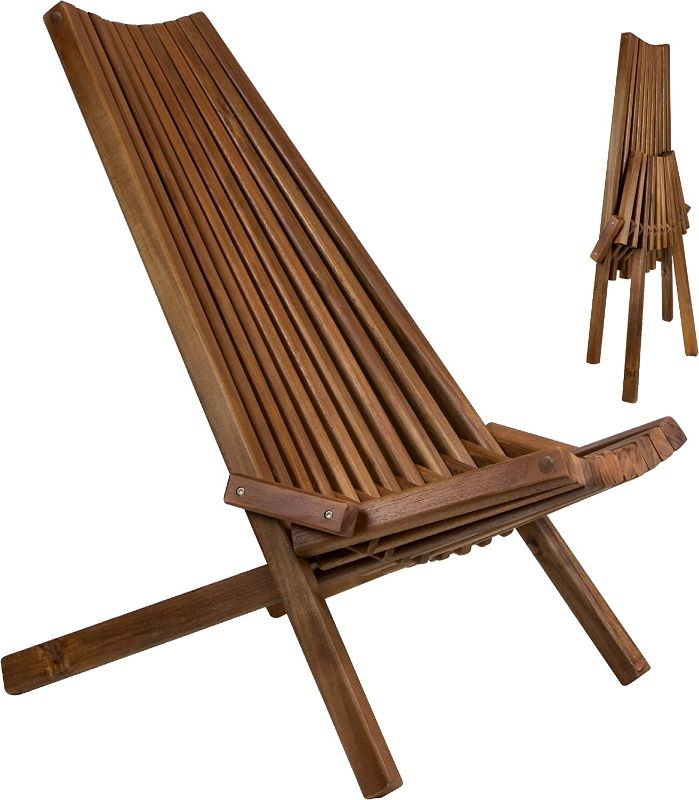 Photo 1 of 1 -CleverMade Tamarack Folding Wooden Outdoor Chair -Stylish Low Profile Acacia Wood Lounge Chair for the Patio, Porch, Lawn, Garden, Assembly Required, Cinnamon
