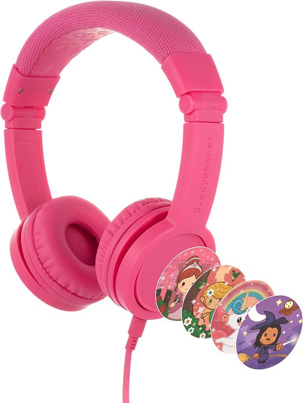 Photo 1 of BuddyPhones Explore+, Volume-Limiting Kids Headphones, Foldable and Durable, Built-in Audio Sharing Cable with in-Line Mic, Best for Kindle, iPad, iPhone and Android Devices, Rose Pink
