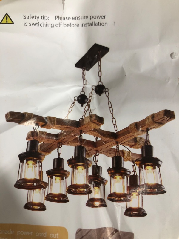 Photo 2 of 8 Lights Industrial Wooden Hanging Lighting Black Metal Chandelier Farmhouse Vintage Pendant Lamp Glass Lampshade for Pool Table Kitchen Island Bar Retro Ceiling Light Height Adjustable Fixture

