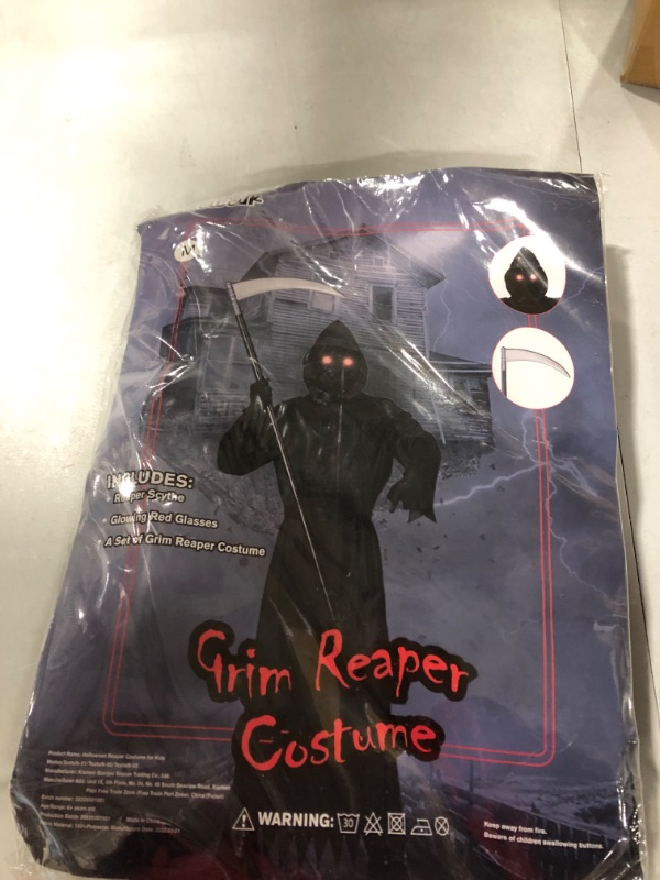 Photo 3 of Grim Reaper Halloween Costume with Glowing Red Eyes for Kids, Scythe Included Medium