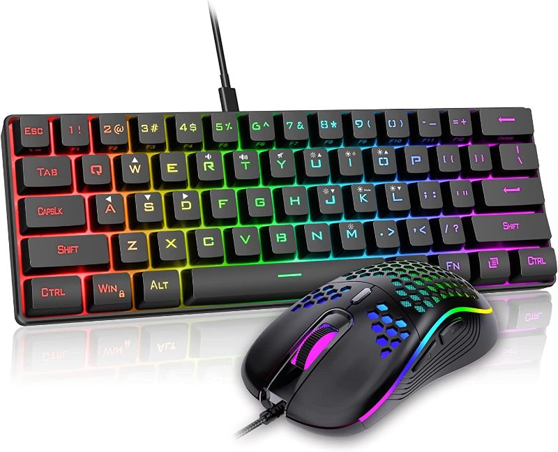 Photo 1 of RedThunder 60% Gaming Keyboard and Mouse Combo, Ultra-Compact 61 Keys RGB Backlit Mini Keyboard, Lightweight 7200 DPI Honeycomb Optical Mouse, RGB Wired Gaming Set for PC MAC PS5 Xbox Gamer(Black) 