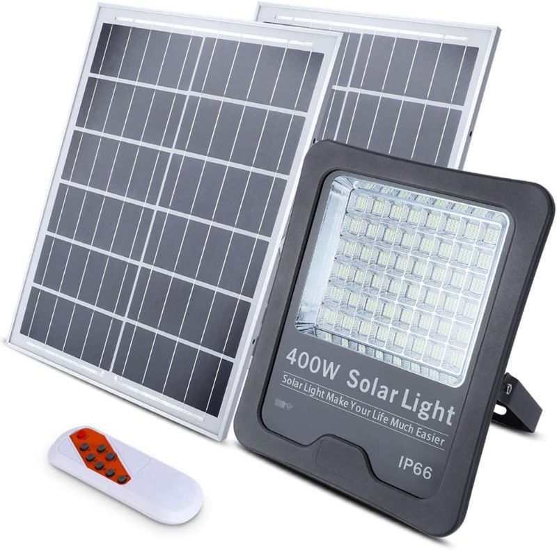 Photo 1 of 400W Solar Flood Lights Outdoor, 432 LEDs IP66 Waterproof Dual Panel Remote Control Dusk to Dawn Solar Powered Flood Street Security Lights for Yard, Garden, Swimming Pool, Pathway, Basketball Court
