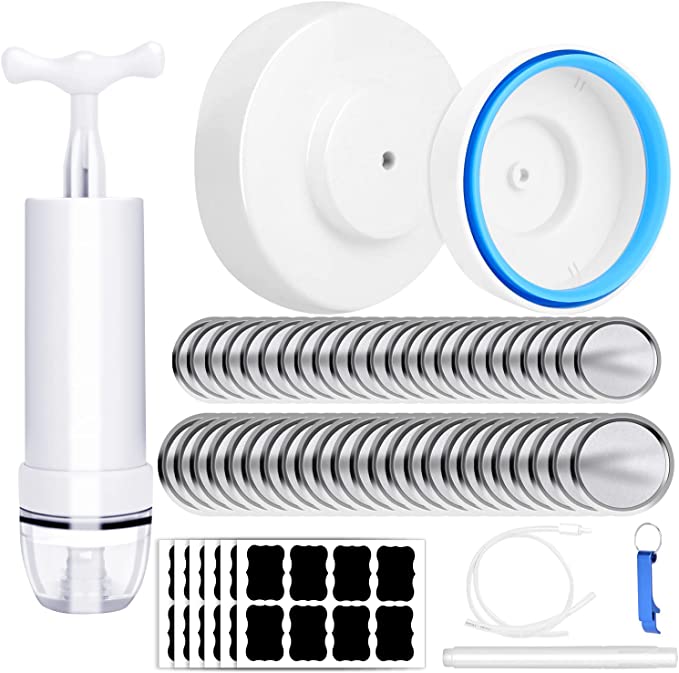 Photo 1 of 59 Pieces Mason Jar Manual Vacuum Sealer Kit Include Reusable Canning Jar Vacuum Sealer, 48 pieces Aluminum Jar Mouth Caps, Label Stickers, Food Saver with Jar Attachment for Food Storage
