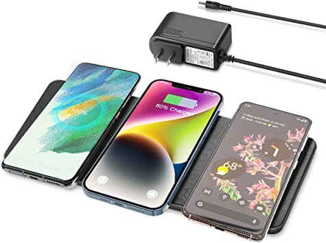 Photo 1 of Wireless Charging Pad, ZealSound Qi-Certified Ultra-Slim Triple Wireless Charger Station for Multiple 3 Devices & New Airpods Ultra Slim Leather Mat W/AC Adapter for All Qi Enabled Phones (Black)