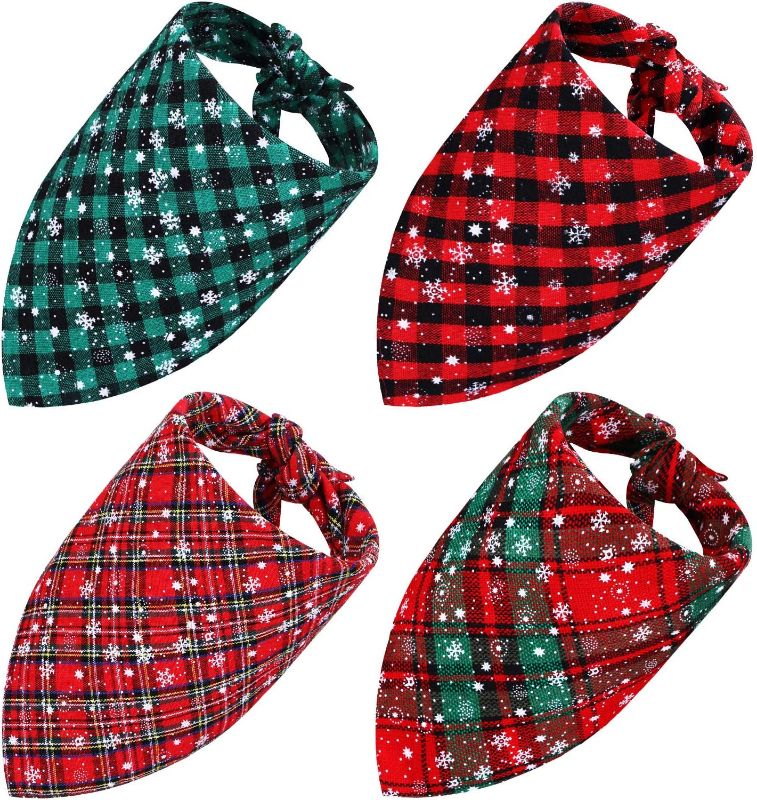 Photo 1 of Frienda 4 Pieces Christmas Dog Bandana Pet Plaid Scarf with Snowflake for Dogs Cats Pets Animals (L) 