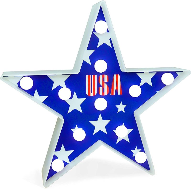 Photo 1 of Pooqla 4th of July Decoration Light Up Star, Patriotic American USA LED Star Marquee Light, Red White Blue Star Sign Night Light Battery Operated Wall Tabletop Decor for Independence Memorial Day
