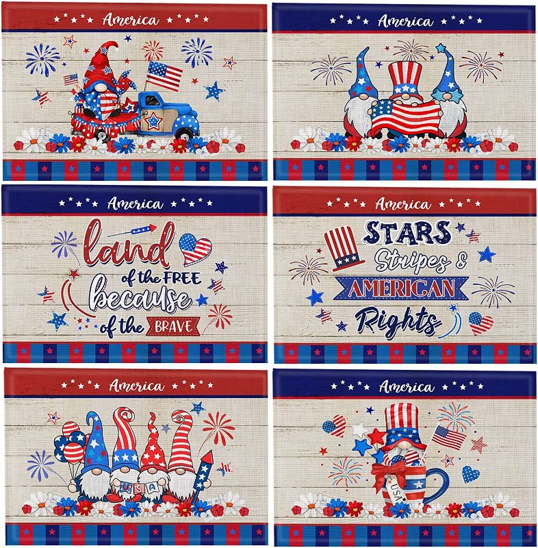 Photo 1 of 4th of July Placemats, Patriotic Placemats Set of 6, Fourth of July Place Mats for Dining Table 12x18 Inch, Gnomes Red Truck American Stars Heat Resistant Burlap Table Mats for Kitchen Decor Indoor
