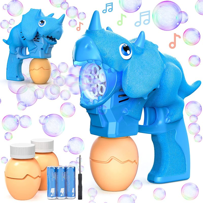 Photo 1 of  Coomarble Dinosaur Bubble Gun Machine - Bubble Machine with LED Light and Music, Handheld Electric Bubble Maker for Kids Bubble Blaster Party Favors with 2 Bubble Refill Solution 3 Batteries Included
