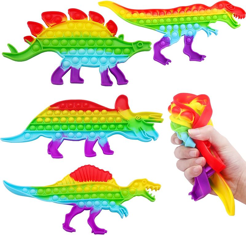 Photo 1 of Big Size Dinosaur Pop Fidget Popper Bubble Toys, 4 Pack Large Dinosaur Silicone Sensory Push Bubbles Toys Stress Reliever Squeeze Fidget Popping Toys for Kids and Adults
