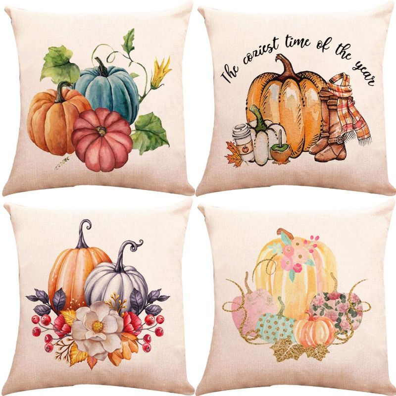 Photo 1 of ZUEXT Fall Throw Pillow Covers 18x18 Inch Double Side Design, Set of 4 Cotton Linen Decorative Thanksgiving Harvest Farmhouse Autumn Pumpkin Throw Pillow Shams Cover Cases for Couch Car Bed Sofa
