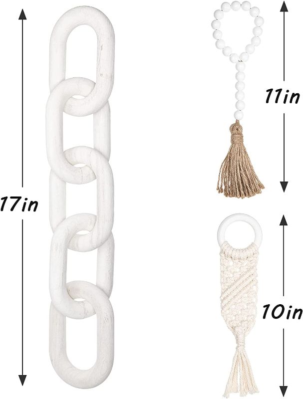 Photo 2 of 3 Pieces Wood Chain Link Decor Wooden Chain Wood Bead Garland with Tassels Wooden Home Decoration Wooden Loop Hand-Woven Rope for Tiered Tray Table Decoration (White)