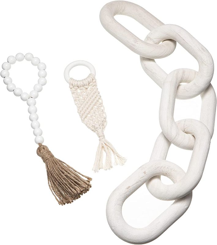 Photo 1 of 3 Pieces Wood Chain Link Decor Wooden Chain Wood Bead Garland with Tassels Wooden Home Decoration Wooden Loop Hand-Woven Rope for Tiered Tray Table Decoration (White)