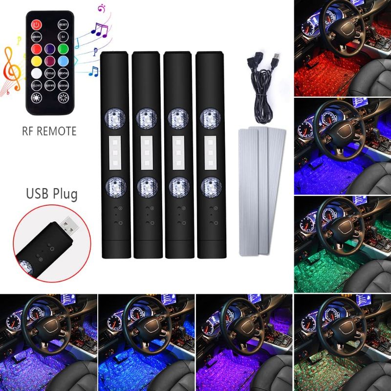 Photo 2 of 1797 Car Interior Lights LED Wireless RGB USB Automotive Neon Accent Light Kits Inside Starlight Remote Control Music Sound Sync Strip Rechargeable 12V Pack of 4