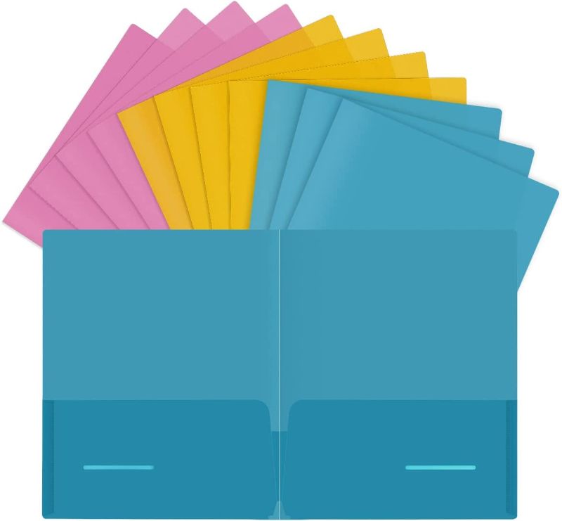 Photo 1 of Tashkummy 12 Packs Plastic Folders with Pockets: Project Folder with 12 Labels, Letter Size, 2 Pockets, 2 Vertical Insert Card Slots and 3 Bright Colors - Include Rose Red, Blue and Yellow