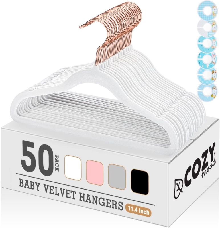 Photo 1 of COZYMOOD Baby Hangers for Closet 50 Pack, Non-Slip Velvet White Baby Hangers with 6 Pcs Closet Organizing Dividers, Ultra-Thin 11.4" Small Hangers for Kids Clothes Space Saving Infant & Toddler Hanger