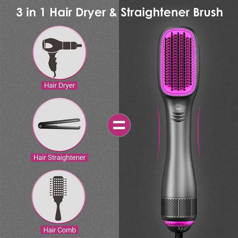 Photo 2 of APOKE 3 in 1 Hair Dryer Brush & Straightener Brush, Professional 1200W Powerful Ceramic Tourmaline Ionic Hot Air Brush, 3 Heat/2 Speed Settings One Step Hair Dryer and Styler for All Hair Types
