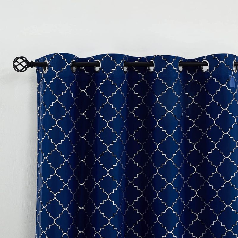 Photo 2 of 4 Piece Blue Window Curtain Set Mix and Match Moroccan Metallic Print Voile Sheer& Velvet Room Darkening Blackout Drapes, 52''x 84''Grommet Window Treatment for Bedroom Living Room, Navy