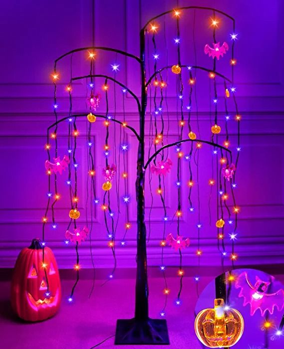 Photo 1 of 4 Ft 84 LED Orange Purple Lighted Black Halloween Tree Decor Timer 8 Bats & 8 Jack-O-Lantern Pumpkin Lights Spooky Willow Tree Ornament Halloween Decoration Yard Outdoor Indoor Home (Plug in/4 Stakes)
