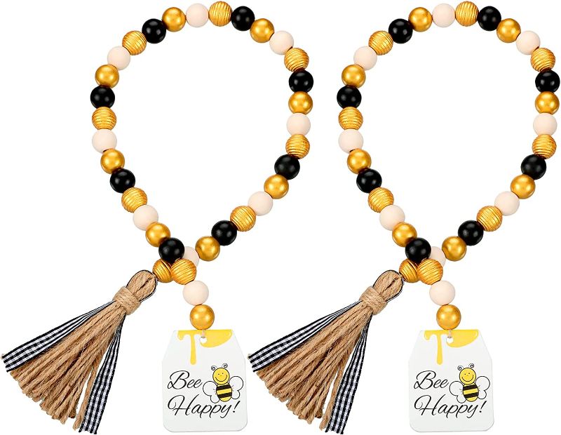 Photo 1 of 2 Pieces Bee Wood Bead Garlands with Tassels Farmhouse Rustic Black Buffalo Beads Garlands with Wooden Bee Happy Sign for Tiered Tray Decor Prayer Boho Beads Wall Hanging Decor (Delicate Color)
