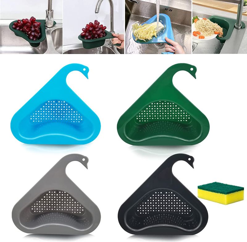 Photo 1 of 4 PCS Kitchen Swan Sink Strainer, Swan Drain Basket, Multifunctional Sink Corner Rack, Triangular Food Filter Sink with 1 Sponge, Food Storage Filter for Kitchen Sink, for Faucets Max 1.8 inches

