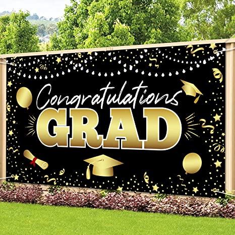 Photo 1 of Graduation Party Banner, Extra Large Graduations Party Decorations, Class of 2022 Black Gold Congrats Grad Party Supplies, Photo Prop, Booth Backdrop sign for Indoor Outdoor Home College Senior School
