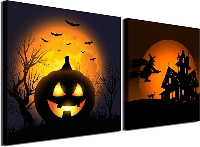 Photo 1 of  Gardenia Art - Happy Halloween Canvas Prints Pumpkin Lantern Wall Art, 12X12 inch, 2 Panels
