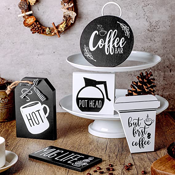 Photo 1 of 5 Pieces Coffee Bar Tier Tray Decorations Kitchen Coffee Station Supplies But First Coffee Sign for Farmhouse Tiered Tray Coffee Theme Signs Mug Life