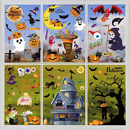 Photo 1 of 214pcs Halloween Window Clings for Glass Windows Decorations Decals Stickers for Home Window Decor House Indoor Outdoor Party Favors Supplies for Kids (Pumpkin, Ghost, Witch, Bats, Candy, Cat, Castle) 2 PACK