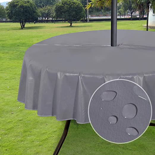 Photo 1 of 100% Waterproof PVC Outdoor/Indoor Table Cloth with Umbrella Hole and Zipper- Silver, 70 inch Round Vinyl Tablecloth- Oil/Spill-Proof Table Cover