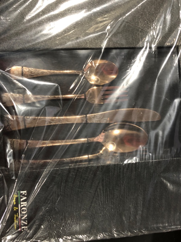 Photo 2 of 10 Pieces Stainless Steel Flatware Set for 2 People Knives Forks Spoons Set, Vintage Pattern Design, Mirror Polish and Dishwasher Safe (bronze set 10)