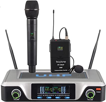 Photo 1 of Boytone BT-104UM, UHF Wireless Microphone System, Dual fix Channel Handheld Dynamic Mics/Lapel/Headset/Body Pack, for Home Party, Meeting, Wedding, Church, with Aluminum Carrying case, 110/220
