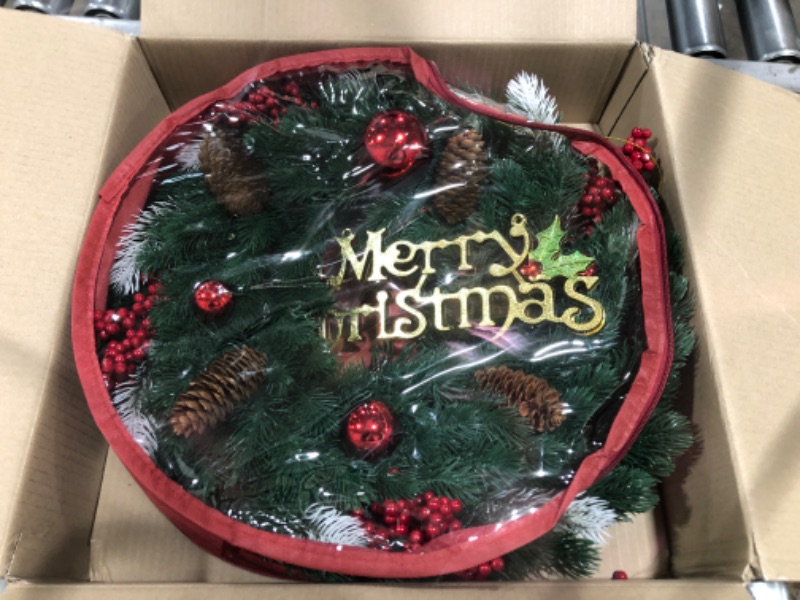 Photo 1 of 18 Inches Pre-Lit Artificial Christmas Wreath, Lighted Christmas Wreath for Front Door with Battery Operated 40 LED Lights, Decorated with Pine Cones, Berry Clusters, Xmas Collection