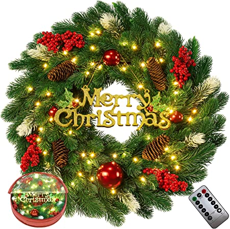 Photo 1 of 18 Inches Pre-Lit Artificial Christmas Wreath, Lighted Christmas Wreath for Front Door with Battery Operated 40 LED Lights, Decorated with Pine Cones, Berry Clusters, Xmas Collection