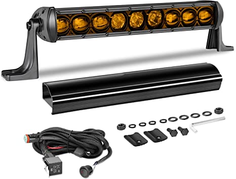 Photo 1 of 12 Inch Amber Light Bar Kit, AKD Part 63W Single Row LED Light Bar w/ Wiring Harness Black Cover Combo Off Road Slim Amber Fog Light Bumper Light for UTV ATV Truck Pickup RZR Jeep Silverado