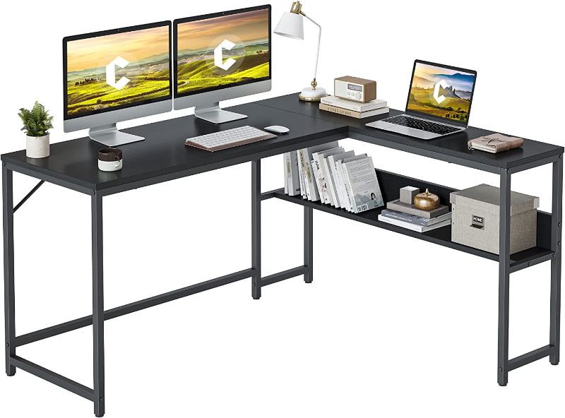 Photo 1 of CubiCubi L Shaped Desk, 55.1 inch Corner Computer Desk with Storage Shelves, Study Writing Table Workstation with Open Shelves for Home Office, Black
