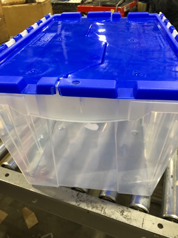 Photo 2 of Akro-Mils 66486 12-Gallon Plastic Stackable Storage Keepbox Tote Container with Attached Hinged Lid, 21-1/2-Inch x 15-Inch x 12-1/2-Inch, Clear/Blue Clear/Blue Keep Box