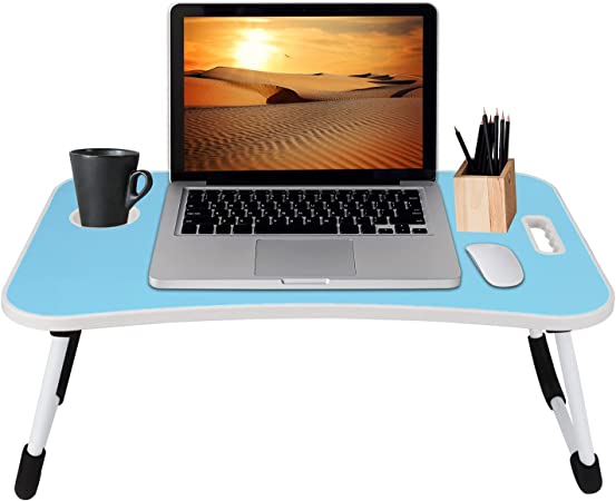 Photo 1 of Folding Lap Desk for Bed and Sofa - Portable Wide Surface Bed Desk with Built-in Cup Holder and Tablet or Phone Slot for Working, Studying, Eating, and Watching Movies (Blue)