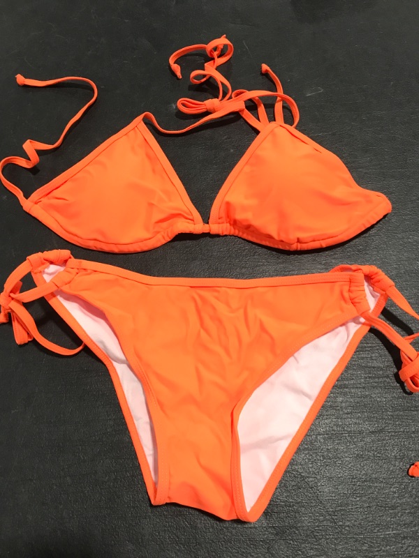 Photo 2 of American Trends Women's String Two Piece Halter Top Triangle Bikini Set with Tie Side Bottom Sexy Swimsuit Bathing Suits 4-6 11 Orange. SIZE SMALL. 