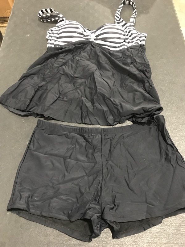 Photo 2 of Yonique Plus Size Tankini Swimsuits for Women with Shorts Flyaway Bathing Suits 2 Piece Swimwear Black&white Striped 16 Plus. SIZE 16W. 