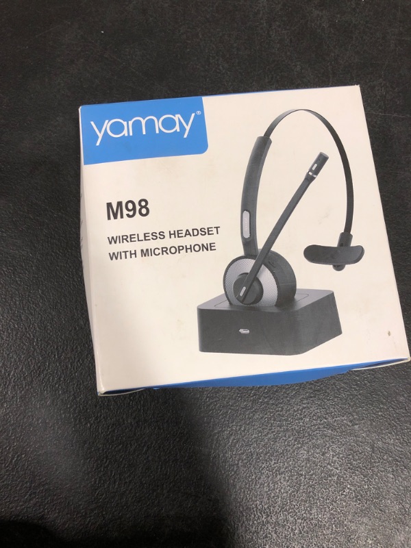 Photo 2 of Bluetooth Headset, YAMAY Wireless Headset with Microphone (Noise Cancelling Mic) Charging Base Mute Button 19H Clear Talk Time Pro for Truck Driver Office Buiseness Call Center Home Smartphones PC