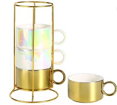 Photo 1 of  Porcelain Espresso Cup with Metal Stand, 6 Ounce Stackable Ceramic Demitasse Espresso Mugs Cappuccino Cups Set for Latte,Coffee,Cafe Mocha,Tea(Set of 4)