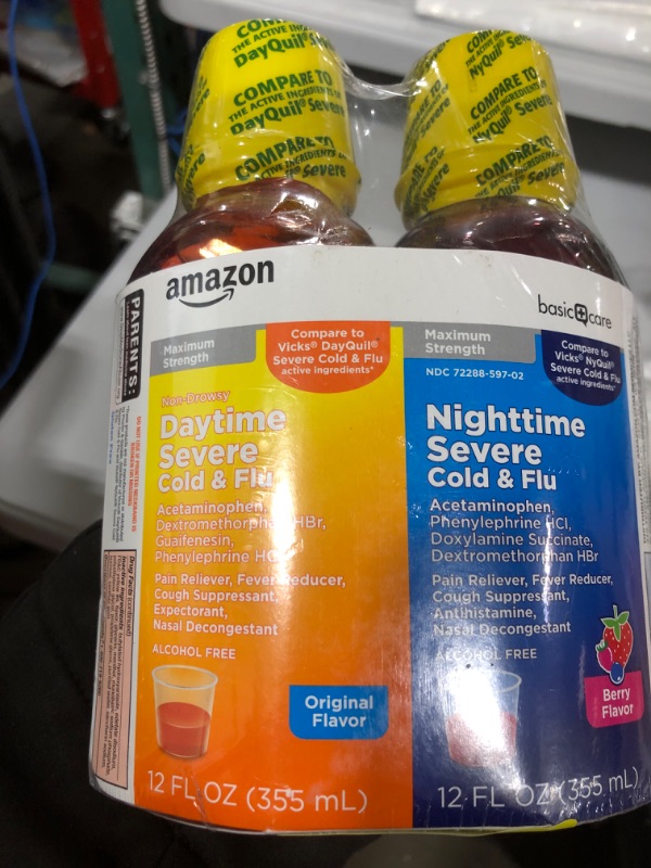 Photo 2 of Amazon Basic Care Daytime and Nighttime Max Strength Severe Cold and Flu Relief Combination Pack, Liquid Medicine, Packaging May Vary, 24 Fluid Ounces Original & Berry Daytime & Nighttime