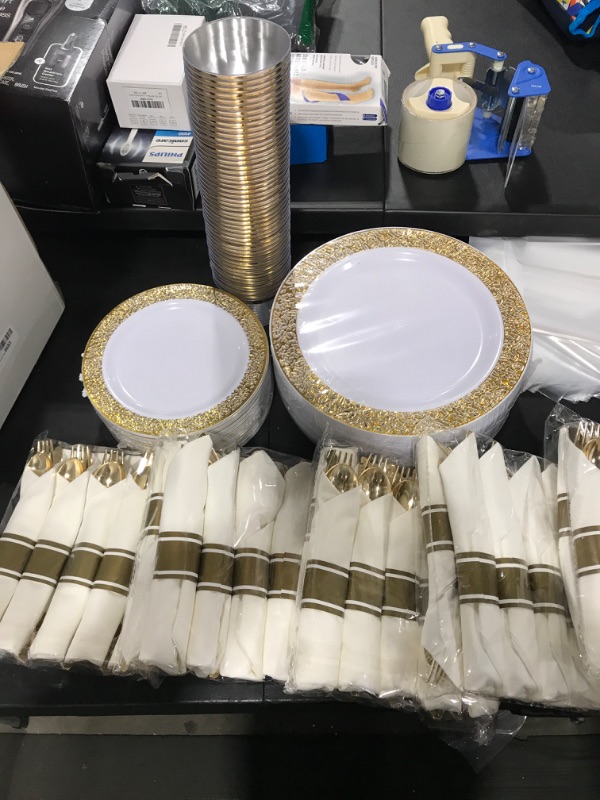 Photo 3 of  Gold Plastic Dinnerware,Disposable Gold Lace Plates, Include:50 Dinner Plates,50 Dessert Plates, 50 Pre Rolled Napkins with Gold Silverware and 50 Cups 350 Pieces