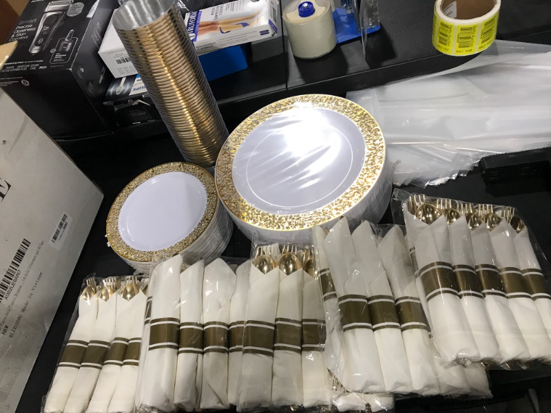 Photo 2 of  Gold Plastic Dinnerware,Disposable Gold Lace Plates, Include:50 Dinner Plates,50 Dessert Plates, 50 Pre Rolled Napkins with Gold Silverware and 50 Cups 350 Pieces