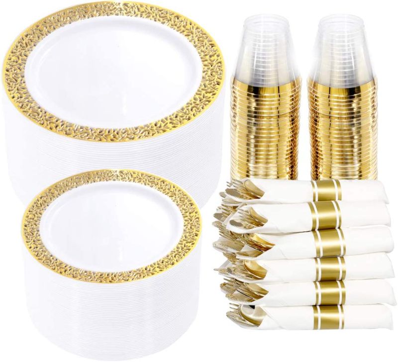 Photo 1 of  Gold Plastic Dinnerware,Disposable Gold Lace Plates, Include:50 Dinner Plates,50 Dessert Plates, 50 Pre Rolled Napkins with Gold Silverware and 50 Cups 350 Pieces