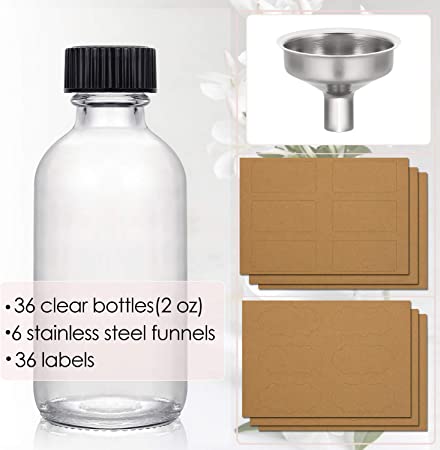 Photo 1 of 36, 2 oz Small Clear Glass Bottles (60ml) with Lids & 3 Stainless Steel Funnels - Boston Round Sample Bottles for Potion, Juice, Ginger Shots, Oils, Whiskey, Liquids - Mini Travel Bottles, NO Leakage