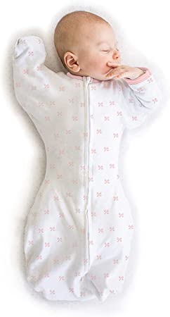 Photo 1 of Amazing Baby Transitional Swaddle Sack with Arms Up Half-Length Sleeves and Mitten Cuffs, Tiny Bows, Pink, Small, 0-3 months, 6-14 lbs (Better Sleep for Baby Girls, Easy Swaddle Transition)