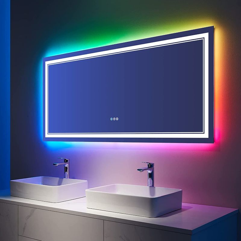 Photo 1 of ISTRIPMF 60x28 Inch Bathroom LED Vanity Mirror RGB Color Changing Backlit Bathroom Mirror Shatterproof Dimmable Anti-Fog led Mirror for Bathroom (RGB Multicolor Backlit+Adjustable Front-Lighted)
